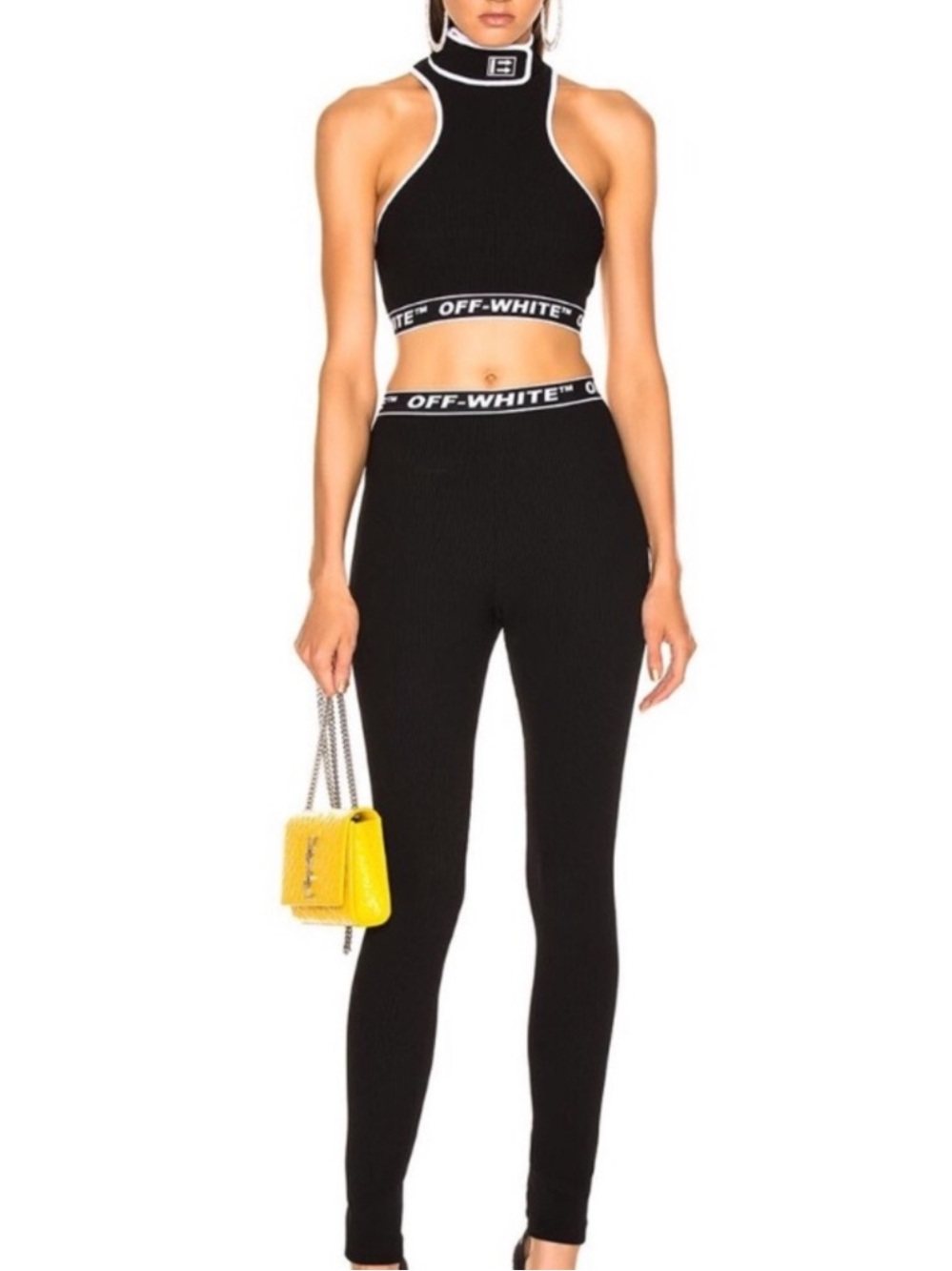 Off-White Textured Black Leggings with Logo Waistband